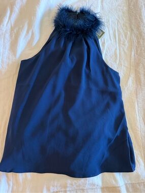 Trina Turk Navy Faux-Fur Trim Halter Camisole